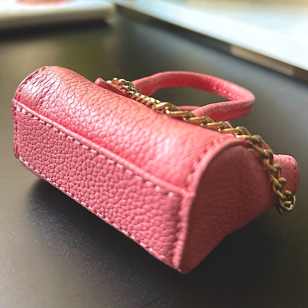 NWOT Elegant genuine pebbled leather Pink Mini Bag Charm with Gold Chain 3” - Picture 5 of 7